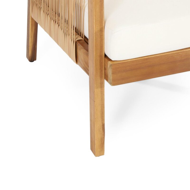 Judland Acacia Wood and Wicker Outdoor Club Chair with Cushions, Teak, Light Brown, and Beige - Image 5