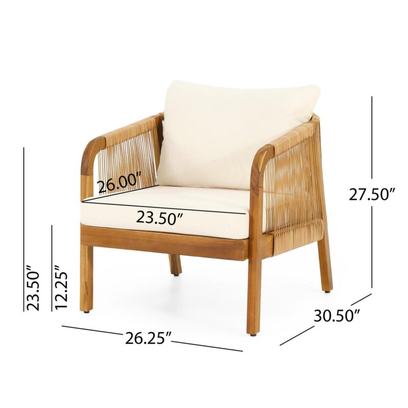 Judland Acacia Wood and Wicker Outdoor Club Chair with Cushions, Teak, Light Brown, and Beige - Image 2