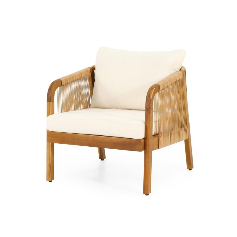 Judland Acacia Wood and Wicker Outdoor Club Chair with Cushions, Teak, Light Brown, and Beige