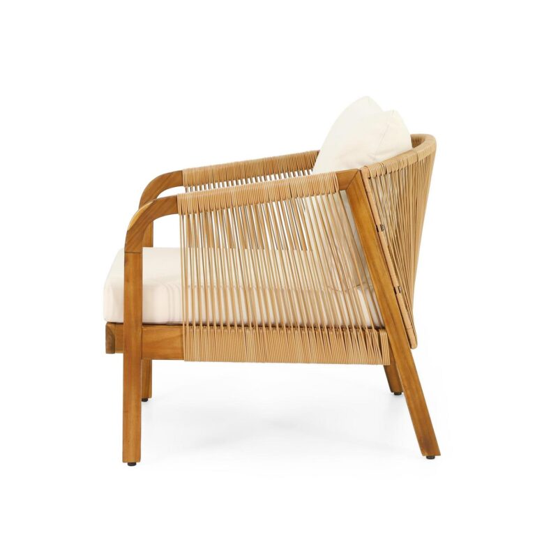 Judland Acacia Wood and Wicker Outdoor Club Chair with Cushions, Teak, Light Brown, and Beige - Image 6