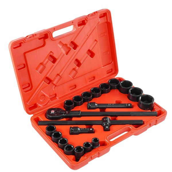 KFFKFF 21-Piece 3/4 in Drive Impact Socket Set, SAE Sizes 3/4 in to 2 in, 6-Point Cr-V Alloy Steel for Vehicle Maintenance, Clear Size Markings, Comes with Extension Bars, Ratchet Handle