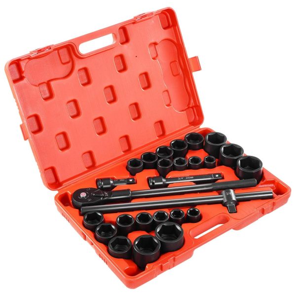 KFFKFF 3/4 in Drive Impact Socket Set, 27 Pieces SAE 7/8 in to 2 in and Metric 22 mm to 50 mm, 6 Point Cr-V Alloy Steel for Auto Repair, Includes Extension Bars, Ratchet Handle and Storage Case