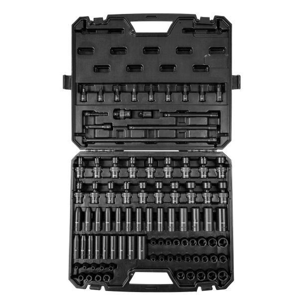 KFFKFF 3/8  Drive Impact Socket Set, SAE 1/4 -3/4  and Metric 6-19mm, 90 Piece Set, 6 Point Cr-Mo Alloy Steel for Vehicle Maintenance, Comes with Extension Bars, Universal Joint Adapter