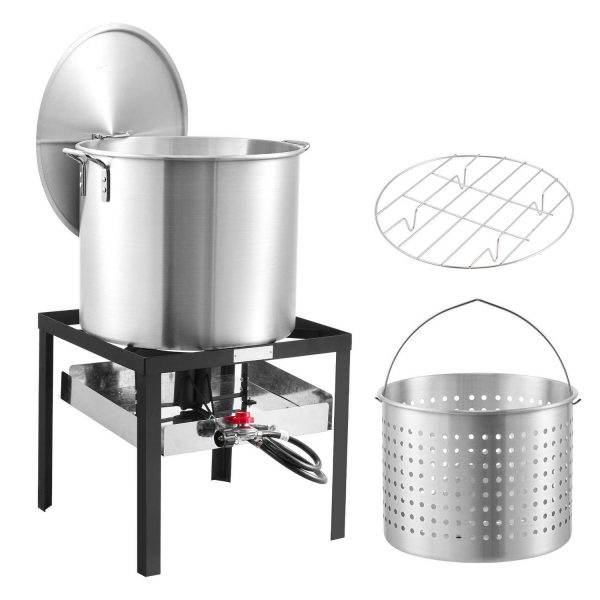 KFFKFF 60 Qt Seafood Cooking Set with Sieve, Exterior Seafood Cook Pot and Container, Culinary Kit, Aluminum Soup Pot with 100,000 BTUs Propane Heater and Steam Grid