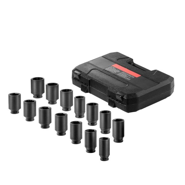 KFFKFF Axle Nut Impact Socket Set, 1/2  Drive, Deep 6+12-Point, 14-Piece Metric, CR-V Heat Treated, Includes Storage Case for Automotive Repair and Axle Nut Installation or Removal