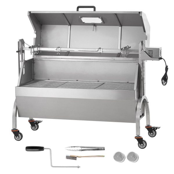 KFFKFF BBQ Charcoal Grill, 46  Length Stainless Steel Roaster, Suitable for Whole Pig, Lamb, Goat, 132Lbs Load with Electric 52W Motor, Viewing Window, Wheels and Locks for Outdoor Picnic, Backyard