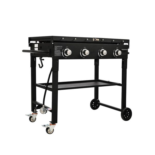 KFFKFF Business-Grade Cart Griddle, 36  Robust Manual Flat Top Griddle, Exterior Cookery Station with Auxiliary Shelves, Steel Natural Gas Griddle, 4-Burners Diner Movable Verified to Meet Standards