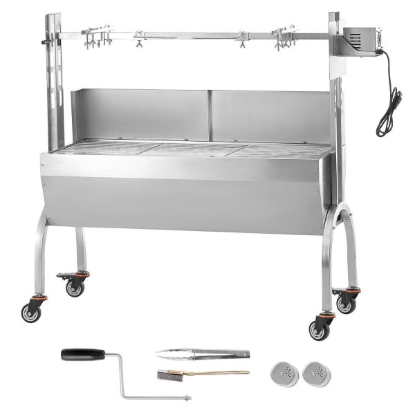 KFFKFF Charcoal Spit Roaster, 46  Windscreen BBQ Grill, Capable of Roasting Whole Pig, Lamb, Goat, 132 Lbs Load, Electric Motor 52W, Durable Stainless Construction, Portable with Locking Casters