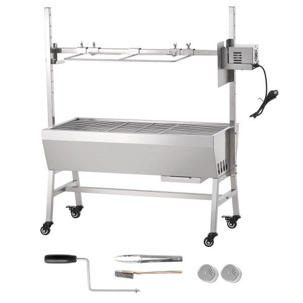 KFFKFF Enhanced Rotisserie Grill, 35  with 90 Lbs Load, Charcoal Spit Grill for Whole Pig, Lamb, Goat, Electric 42W Stainless Steel Roaster, Lockable Wheels, Ideal for Outdoor Camping