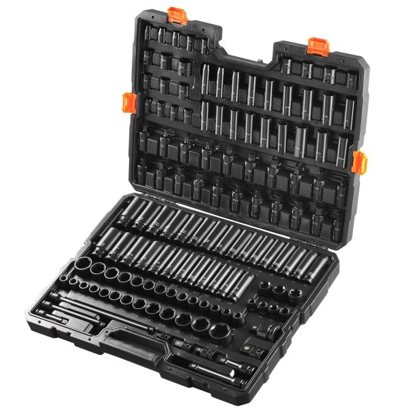 KFFKFF Impact Sockets Set with 3/8  and 1/2  Drive, 130 Pc in SAE and Metric, 6 Pt Cr-Mo Steel, Ideal for Vehicle Maintenance, Clear Size Labels, Durable Build, Comes with Case