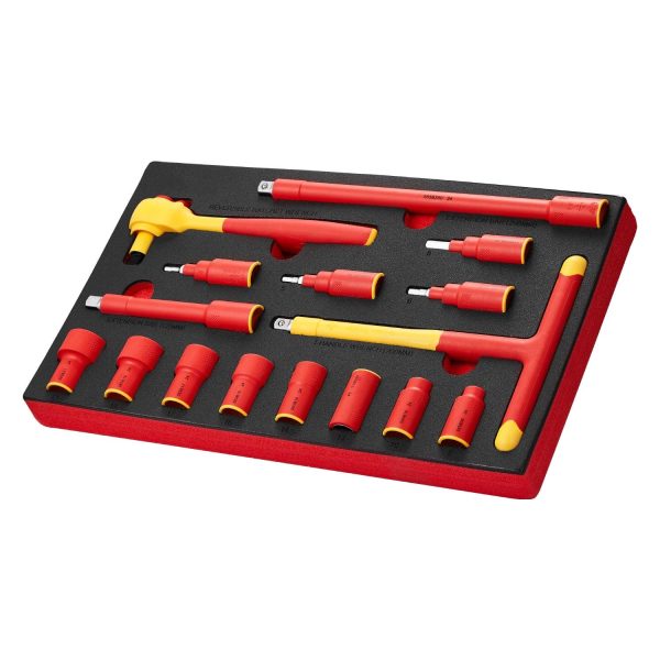 KFFKFF Socket Kit, 16-Unit Insulation Wrench Equipment Collection, 1000V Insulation Socket Instrument, inclusive of Insulated Sockets, Insulated T-Handle Wrench, Drive Ratchet, Extensions
