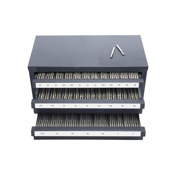 KFFKFF Steel Cabinet with Three Drawers, Suitable for Organizing End Mills from 1/8  to 1 , Equipped with 29 Labeled Compartments, Stackable for Space-Saving Storage