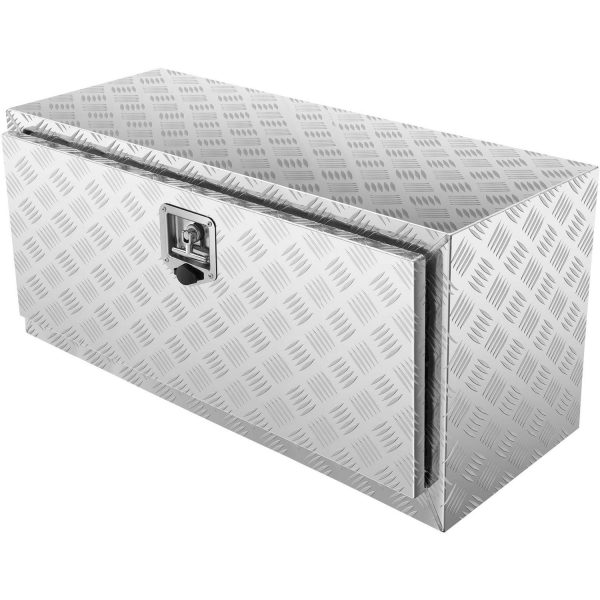 KFFKFF Underbody Truck Box, 36 A 17 A 18 , crafted from robust Aluminum Diamond Plate, features a secure lock with keys. Its waterproof design and T-Handle Latch make it ideal for trucks and trailers.