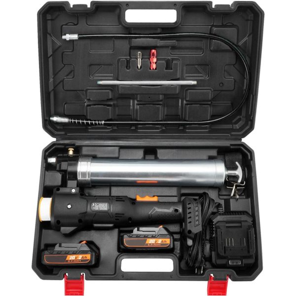 KFFKFF Wireless Grease Gun, 20V, 10K PSI, 39-inch Hose, Electric Lubrication Kit with Portable Case, Includes 2 Batteries and Charger, Black