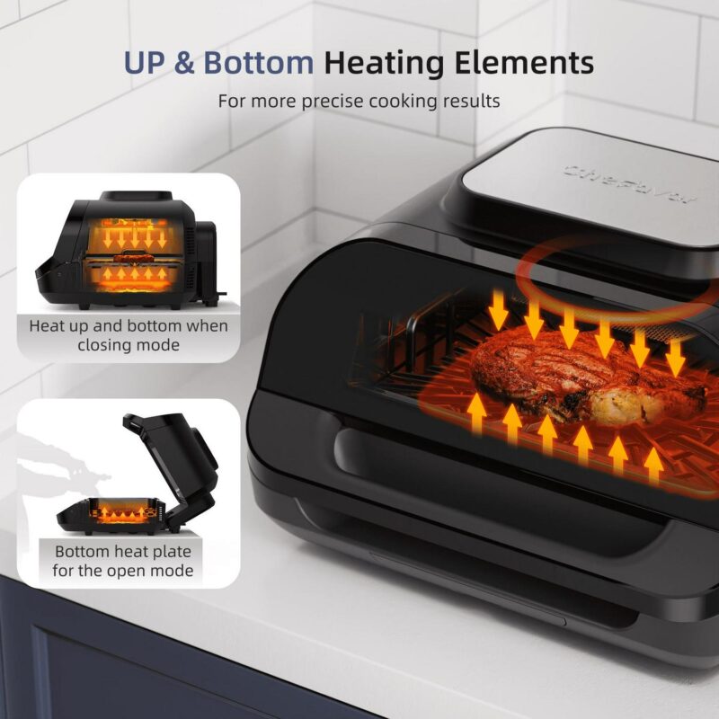 KLOUDIC Smart Indoor Grill and Air Fryer Combo, Smokeless Electric Countertop Griddle, with Removable Non-Stick 1700W, Black - Image 5