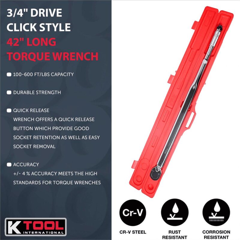 K Tool 72175 Ratcheting Torque Wrench, 100-600 ft/lbs, Click Style, Case Included - Image 7