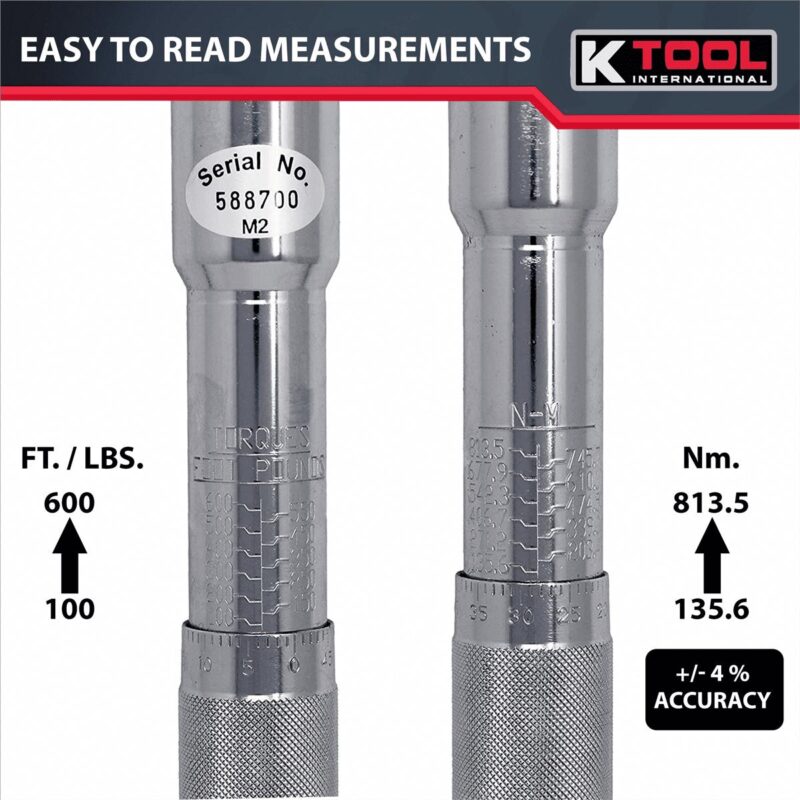 K Tool 72175 Ratcheting Torque Wrench, 100-600 ft/lbs, Click Style, Case Included - Image 3