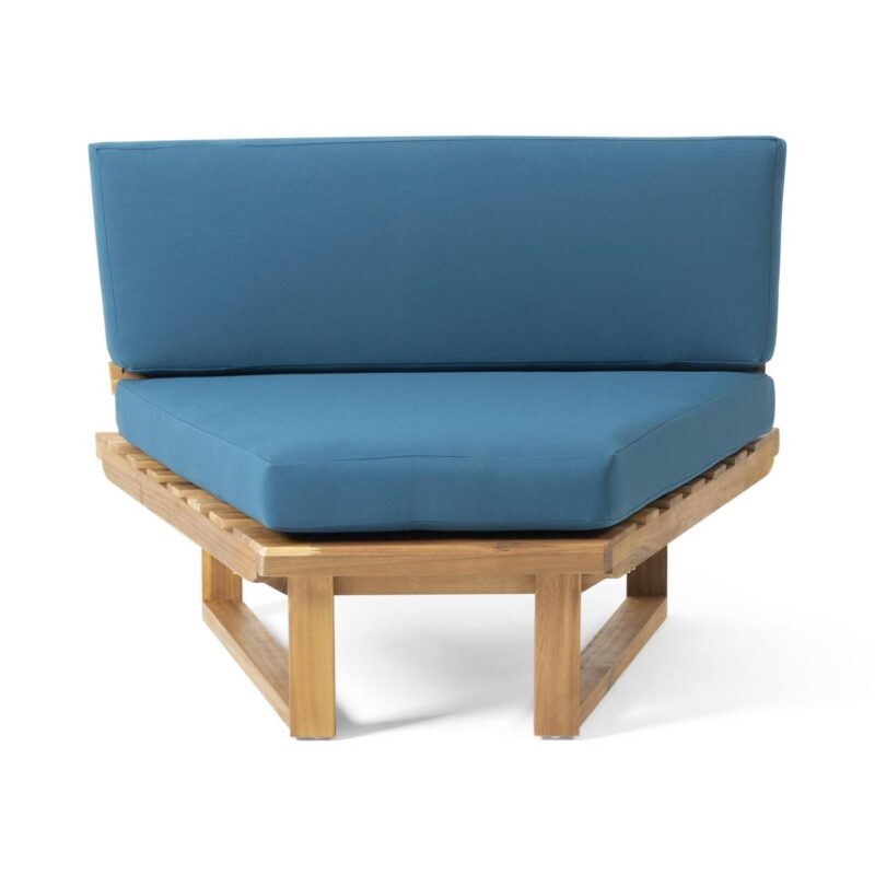 Kaiden Outdoor 5 Seater Acacia Wood Sectional Sofa Set with Water-Resistant Cushions, Teak, Dark Teal - Image 9