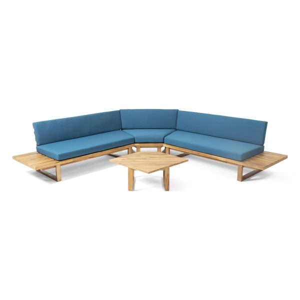 Kaiden Outdoor 5 Seater Acacia Wood Sectional Sofa Set with Water-Resistant Cushions, Teak, Dark Teal