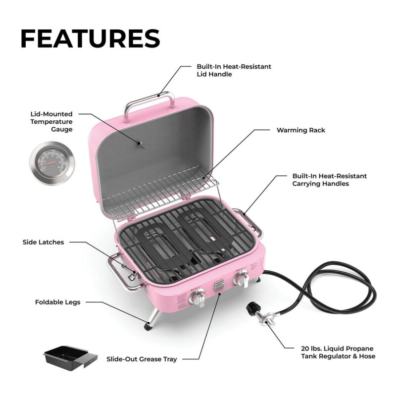 Kenmore 2-Burner Portable Tabletop Retro Gas Grill, Pink - Image 4
