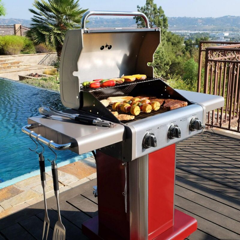 Kenmore 3-Burner Gas Grill, Outdoor BBQ Grill, Propane Grill with Foldable Side Tables, Red - Image 14