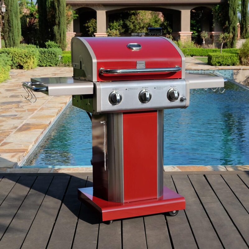 Kenmore 3-Burner Gas Grill, Outdoor BBQ Grill, Propane Grill with Foldable Side Tables, Red - Image 4