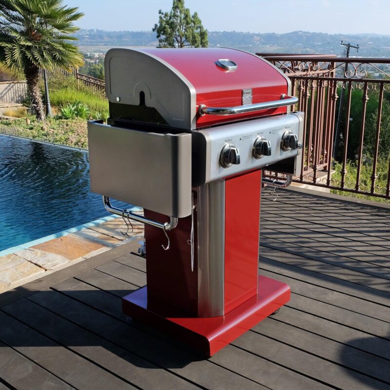 Kenmore 3-Burner Gas Grill, Outdoor BBQ Grill, Propane Grill with Foldable Side Tables, Red - Image 11
