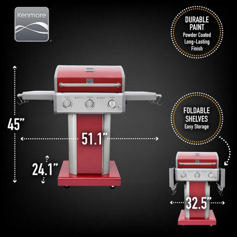 Kenmore 3-Burner Gas Grill, Outdoor BBQ Grill, Propane Grill with Foldable Side Tables, Red - Image 2