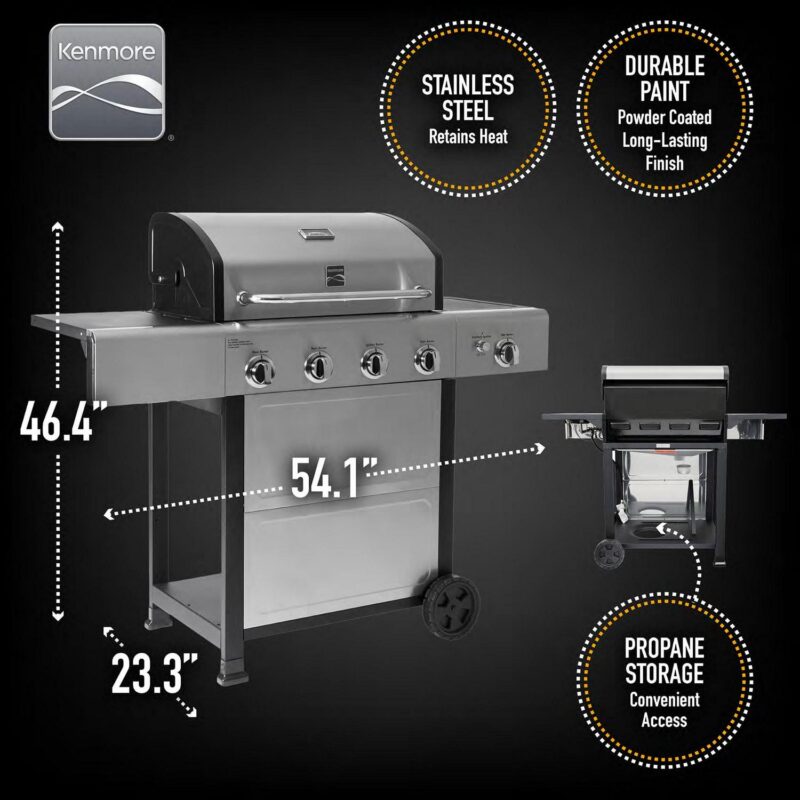Kenmore 4-Burner Outdoor Propane Gas Grill with Side Burner, Open Cart, Stainless Steel - Image 4