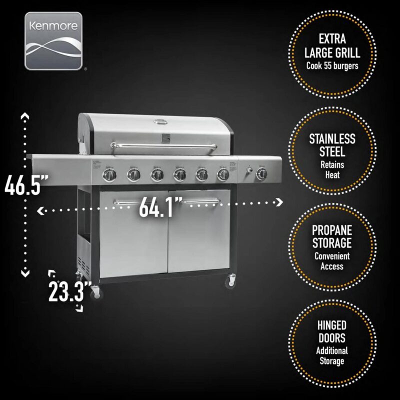 Kenmore 6-Burner Propane Gas Grill with Side Burner, PG-40611S0L, Stainless Steel with Black Trim - Image 6