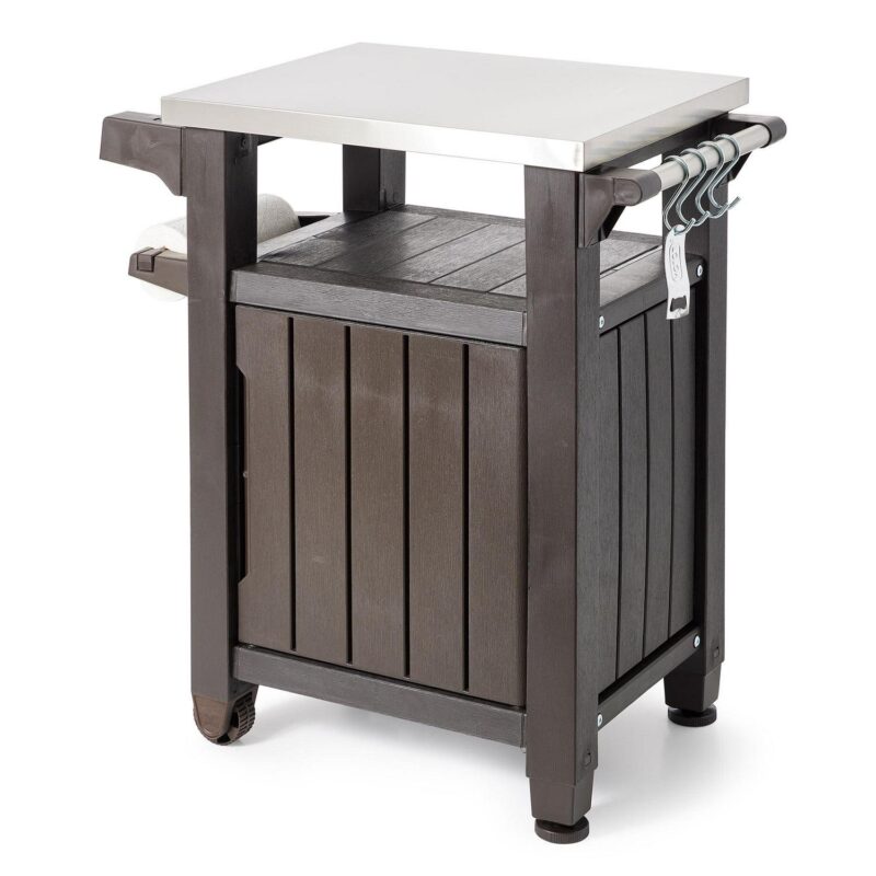Keter Unity 40 Gal Patio Storage Grilling Bar Cart w/ Stainless Steel Top, Brown