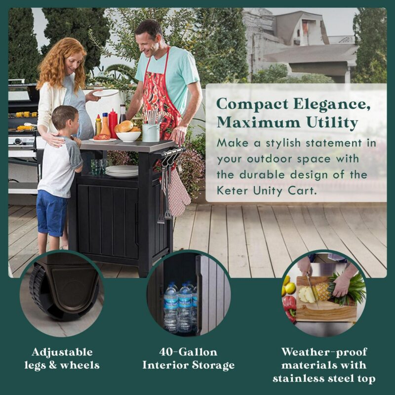 Keter Unity 40 Gal Patio Storage Grilling Bar Cart w/ Stainless Steel Top, Brown - Image 3