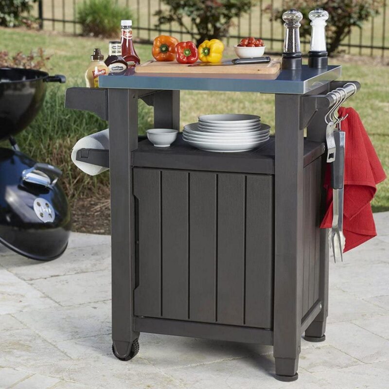 Keter Unity 40 Gal Patio Storage Grilling Bar Cart w/ Stainless Steel Top, Brown - Image 7