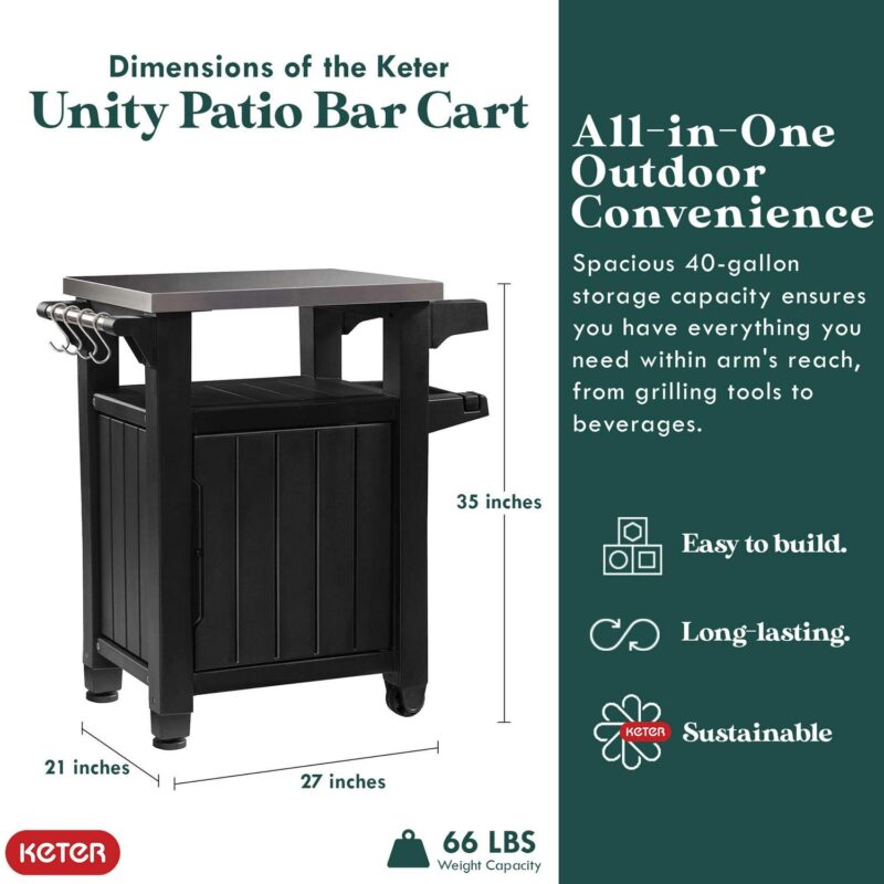 Keter Unity 40 Gal Patio Storage Grilling Bar Cart w/ Stainless Steel Top, Brown - Image 2