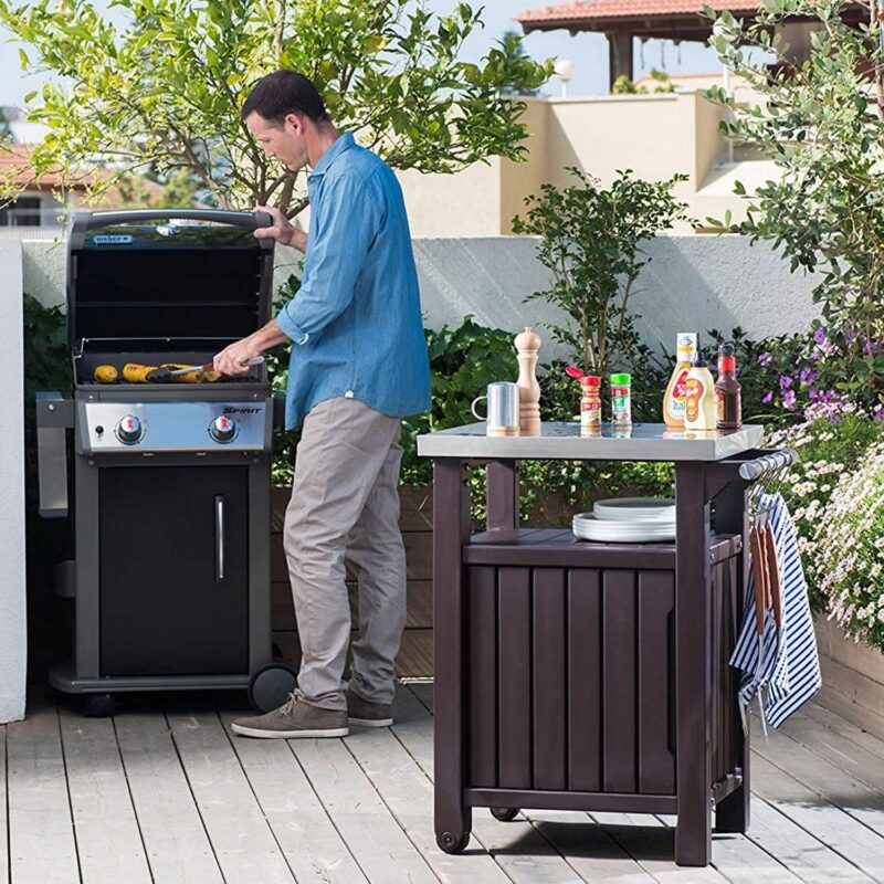 Keter Unity 40 Gal Patio Storage Grilling Bar Cart w/ Stainless Steel Top, Brown - Image 5