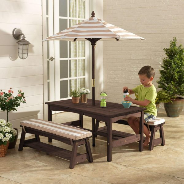 KidKraft KidKraft Outdoor Wooden Table and Bench with Cushions and Umbrella, Espresso