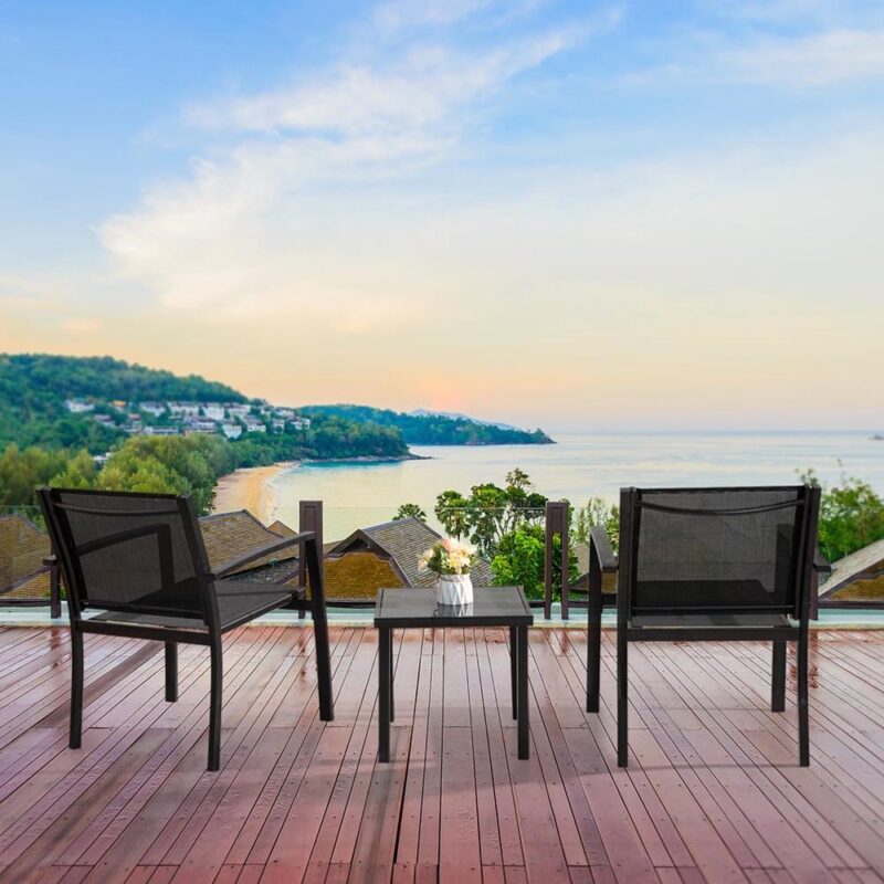 LACOO 3 Pieces Patio Conversation Set Textilene Fabric and Steel Frame Bistro Chair Set Outdoor Furniture Set with Table, Black, - Image 6
