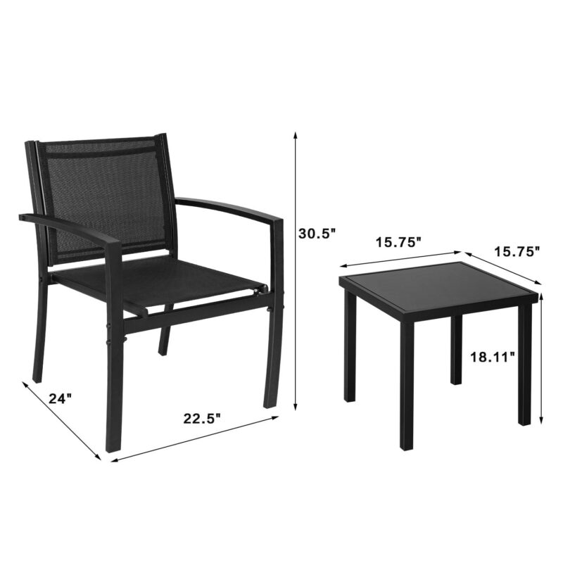 LACOO 3 Pieces Patio Conversation Set Textilene Fabric and Steel Frame Bistro Chair Set Outdoor Furniture Set with Table, Black, - Image 7