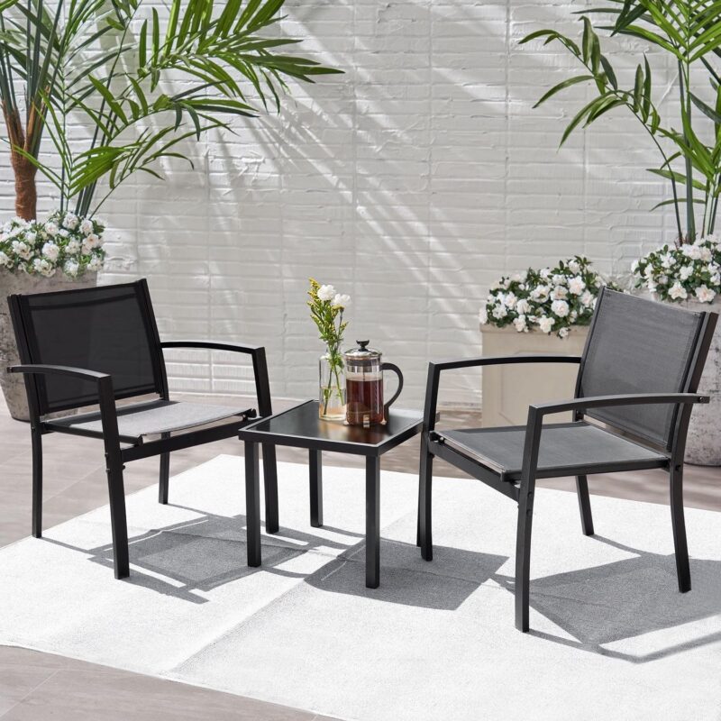 LACOO 3 Pieces Patio Conversation Set Textilene Fabric and Steel Frame Bistro Chair Set Outdoor Furniture Set with Table, Black,