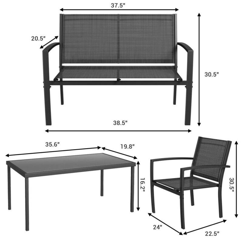 LACOO 4 Pieces Outdoor Furniture Set Patio Textilene Steel Conversation Set with Loveseat Tea Table for Lawn and Balcony, Black - Image 6