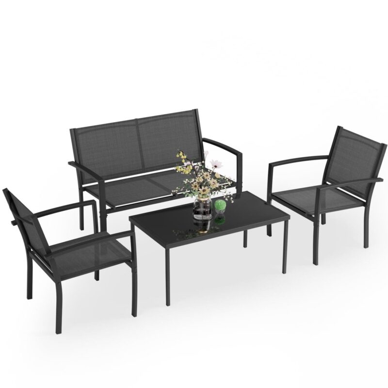 LACOO 4 Pieces Outdoor Furniture Set Patio Textilene Steel Conversation Set with Loveseat Tea Table for Lawn and Balcony, Black - Image 2