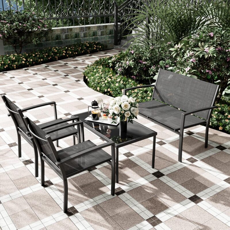 LACOO 4 Pieces Outdoor Furniture Set Patio Textilene Steel Conversation Set with Loveseat Tea Table for Lawn and Balcony, Black - Image 7