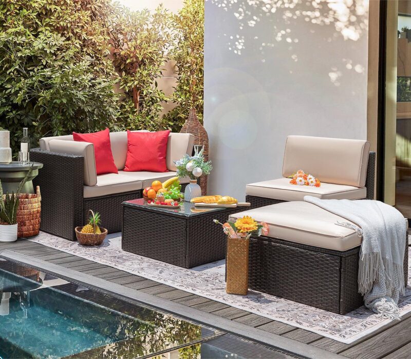 LACOO 5 Pieces Patio Sectional Set PE Rattan Outdoor All-Weather Wicker Conversation Set with Table, Beige - Image 5