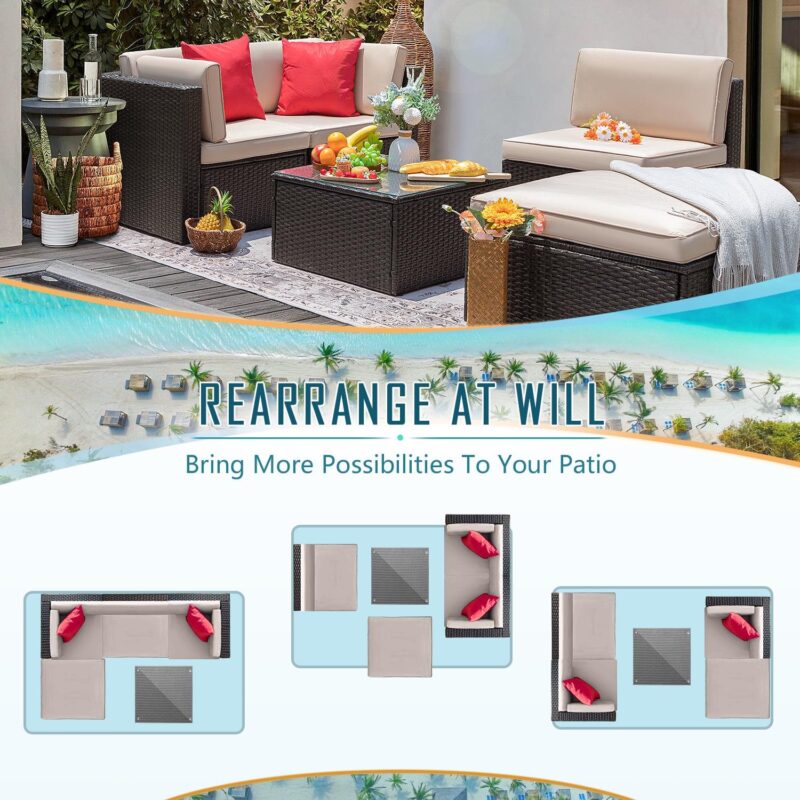 LACOO 5 Pieces Patio Sectional Set PE Rattan Outdoor All-Weather Wicker Conversation Set with Table, Beige - Image 7