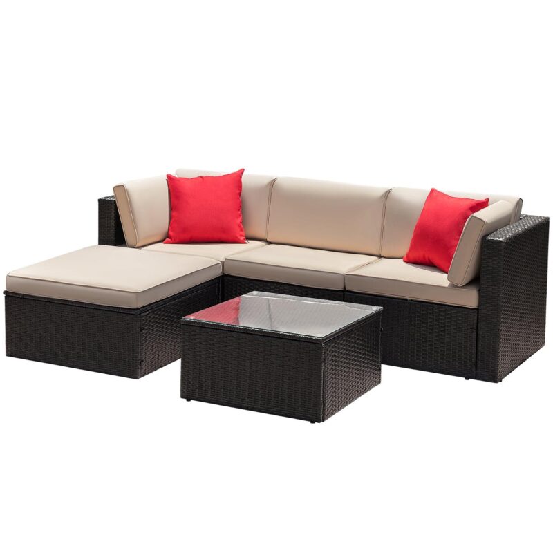 LACOO 5 Pieces Patio Sectional Set PE Rattan Outdoor All-Weather Wicker Conversation Set with Table, Beige - Image 4