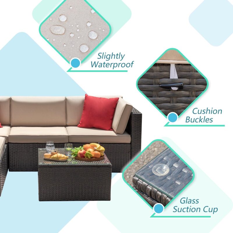 LACOO 5 Pieces Patio Sectional Set PE Rattan Outdoor All-Weather Wicker Conversation Set with Table, Beige - Image 6
