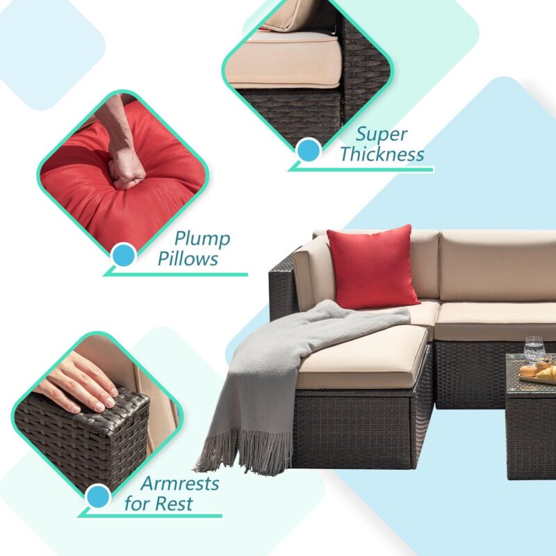LACOO 5 Pieces Patio Sectional Set PE Rattan Outdoor All-Weather Wicker Conversation Set with Table, Beige - Image 3