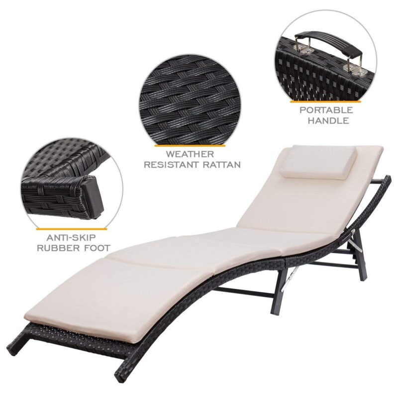 Lacoo 3 Pieces Outdoor Chaise Lounge Chair Patio Furniture Adjustable Folding PE Rattan Lounge Chair, Beige - Image 4