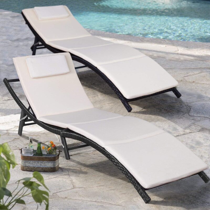 Lacoo 3 Pieces Outdoor Chaise Lounge Chair Patio Furniture Adjustable Folding PE Rattan Lounge Chair, Beige - Image 7