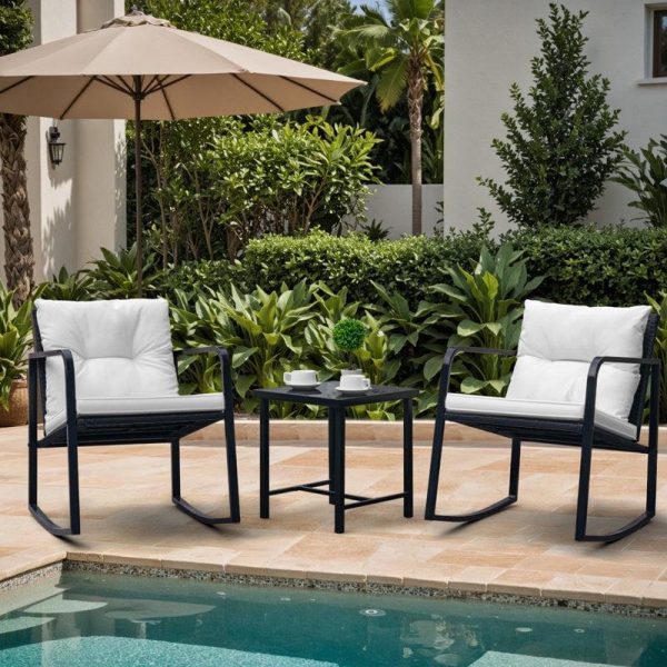 Lacoo 3 Pieces Outdoor Rocking Chair Furniture Sets Modern Patio Furniture Set Rocking Wicker Bistro Sets Cushioned PE Rattan Chairs Conversation Sets with Glass Coffee Table,White
